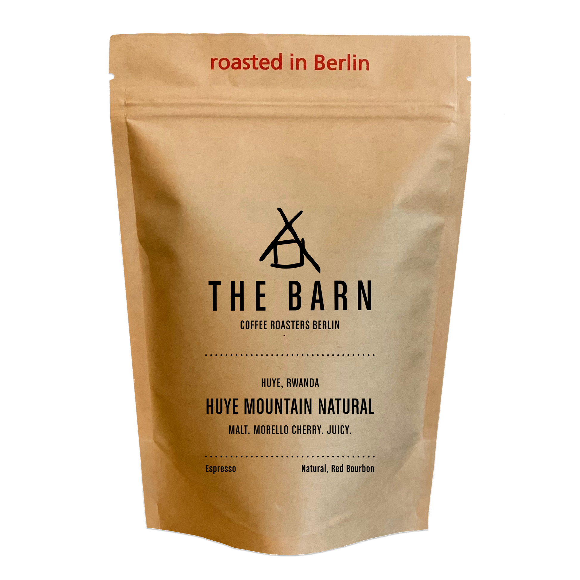A standing pouch of coffee beans labeled 'THE BARN COFFEE ROASTERS BERLIN HUYE, RWANDA HUYE MOUNTAIN NATURAL', indicating it is a natural process espresso coffee roasted in Berlin.